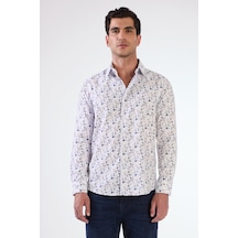Dufy Mavi Erkek Slim Fit Çiçek Desenli Brent Yaka Uzun Kol Gömlek - 104790 Mavi