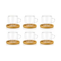 6'lı Çift Cidarlı Cam Kupa & Bambu Tabak Seti Espresso & Türk Kahvesi Fincan Takımı 90 Ml Çok Renkli