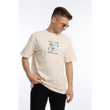 Erkek Oversize Fit Open Your Eyes Baskılı Tişört Ekru