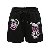 Cartoon Graphic Drawstring Waist Şort Siyah