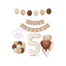 5 Yaş Retro Doğum Günü Seti Krem Rakam Folyo, Banner, Kalp Folyo Ve Lateks Balon
