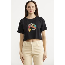 Oversize Baskılı Crop Tişört - Siyah Çok Renkli