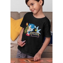 Sevbano Sonic The Hedgehog Baskılı Unisex Çizgi Film Çocuk Tişört 1-12 Y Siyah