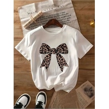 Unisex Leopar Desenli Kurdele Özel Tasarım Ön Baskılı Tasarım Tshirt Beyaz