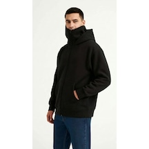 Samuray Ninja Çift Kapüşonlu Tam Fermuarlı Kanguru Cepli Hoodie Sweatshirt Siyah Suma