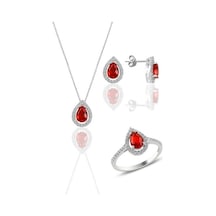 Gümüş Rodyumlu Kırmızı Taşlı Damla Modeli Üçlü Set