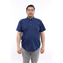 Tousus Erkek Büyük Beden Yarım Patlı Lacivert Kot Pamuk Düğmeli Yaka Cepli Kısa Kol Gömlek Kk-8031-tss