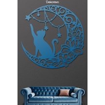 Floral Hilal Ve Kedi Silüeti Dekoratif Metal Tablo - Metal Duvar Sanatı - Mavi - 50 X 50 Cm