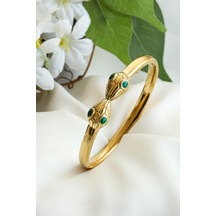 Çift Yılan Başlı Zümrüt Yeşil Detaylı 316l Kadın Çelik Bileklik Çok Renkli