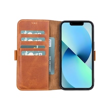 Plm Apple İphone 13 Uyumlu Deri Cüzdanlı Kılıf Antik Taba Acı Kahverengi