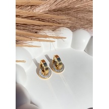 Altın / Gold Renk Zirkon Taşlı Diskli 316l Çelik Küpe