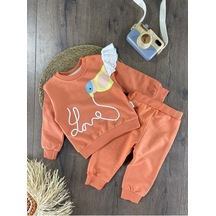 Omuzda Dantel Detaylı Kuş Baskılı Takım Turuncu Omuzda Dantel Detaylı Kuş Baskılı Takım Turuncu