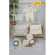 Gros Shop Müslin Yeni Doğan 4katlı Organik %100pamuk Kişiye Özgü Nakışlı Hastane Çıkış Seti Kelebek Model-2 Ekru-3