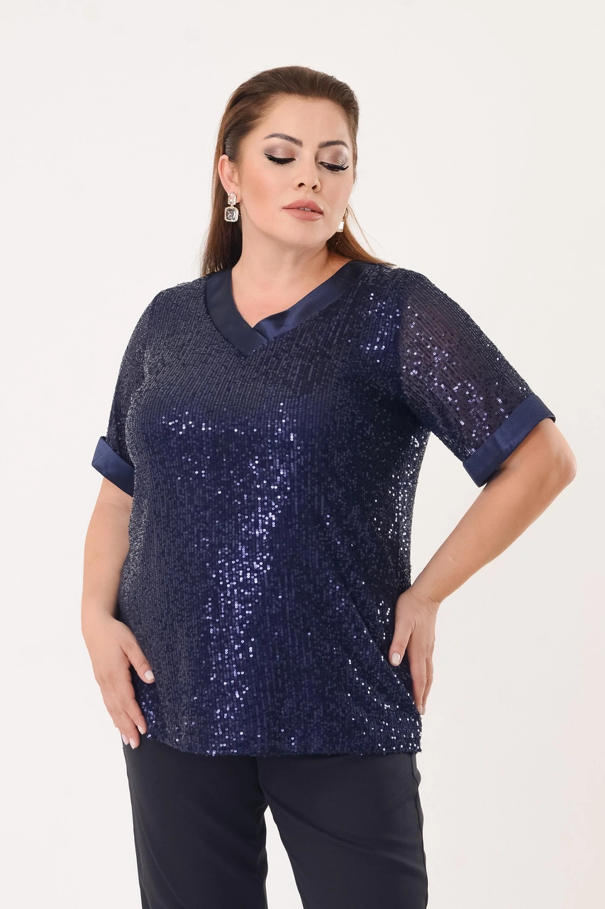 Lilas Xxl Büyük Beden Lacivert Renkli Pul Payetli Bluz Lacivert