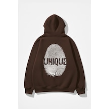 Uyguntarz Unisex Yumuşak Dokulu Unique Fingerprint Baskılı Tasarım Oversize 3 İplik Hoodie Sweatshirt Kahverengi