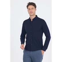 İmza Koyu Lacivert İtalyan Düğmeli Yaka Uzunkol Cepsiz Slim Fit Gömlek 1004250254 Koyu Lacivert