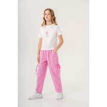 Mısstuffy Kız Çocuk Pamuklu T-shirt Keten Pantalonlu Yazlık Takım 6-9 Yaş Pembe - Beyaz