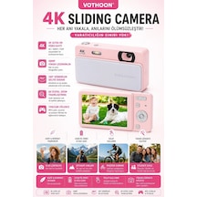Dijital Kamera 4k Hd 48mp 8x Zoom Flaşlı Kayar Retro Video Kamera 2.4 Ekran 64gb Sd Kart li Pembe