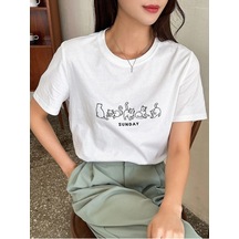 Sunday Kedi Figür T-shirt - Beyaz Baskılı Oversize Bisiklet Yaka Kısa Kol Tişört Beyaz