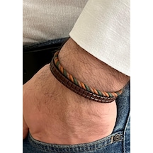 Hakiki Deri&örgü Makrome Detaylı 2li Kombin Erkek Bileklik 21 Cm Türk El Üretimi Kahverengi - Haki