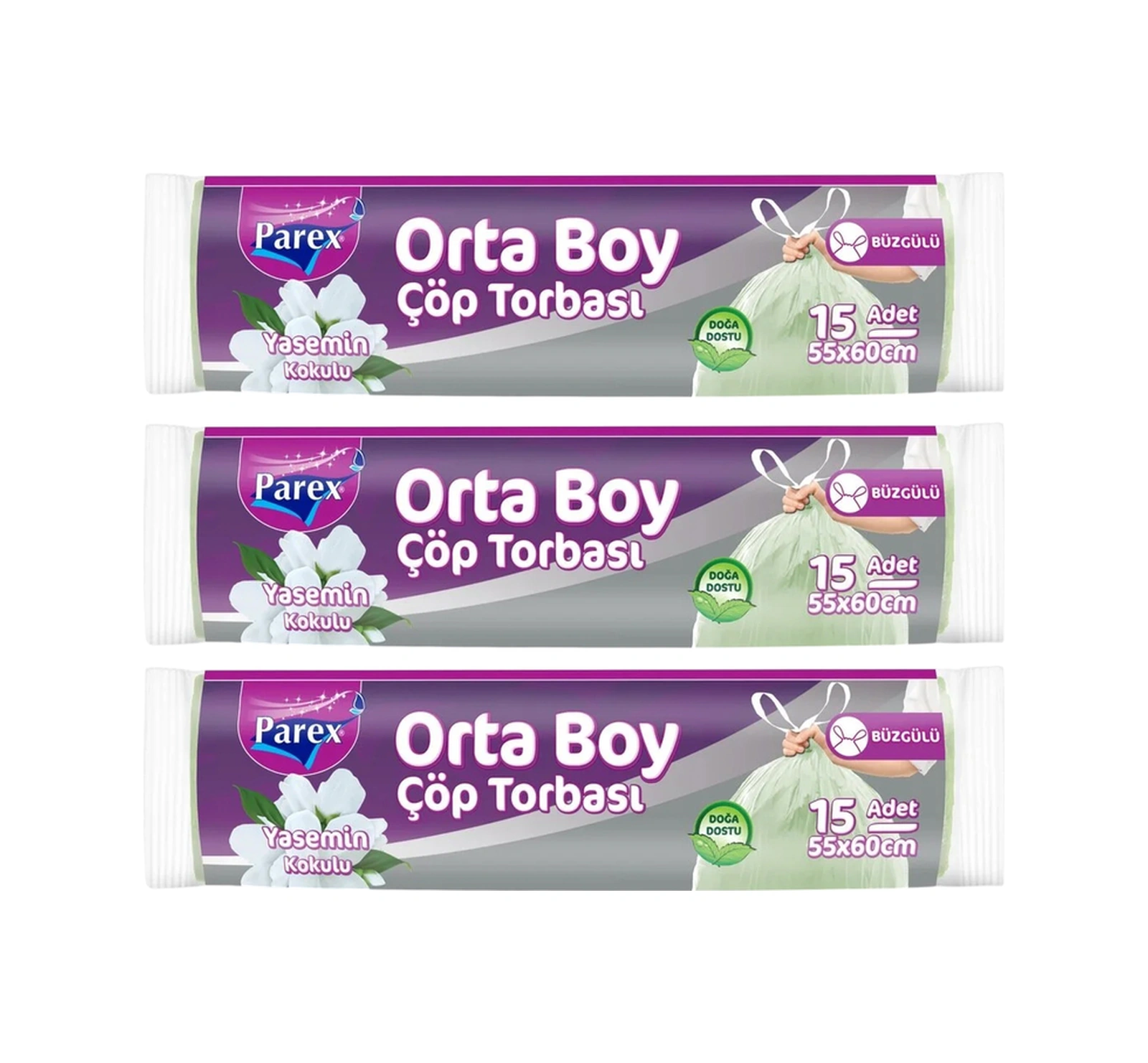 Büzgülü Çöp Torbası Yasemin Kokulu 15'li Orta Boy 55 X 60 Cm Üçlü Paket