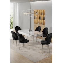 Canisa Rada Serisi 80x132 Açılabilir Lak Panel Beyaz Mermer Desen Masa 6 Siyah Sandalye Krom Detay Masa Beyaz Mermer Desen Sandalye Siyah