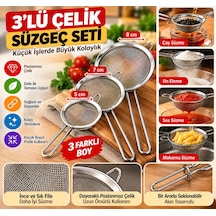 3'lü Paslanmaz Çelik Süzgeç Seti 5 Cm 7 Cm 8 Cm Mini Mutfak Süzgeci Çay Un Sos Metalik