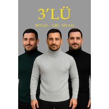 Erkek Fitilli Kazak Tam Boğazlı Balıkçı Yaka Triko 3'lü Set Gri-haki-siyah Çok Renkli