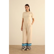 Aker Çizgi Desenli , Beli Lastikli Cotton Pantolon Mavi Mavi