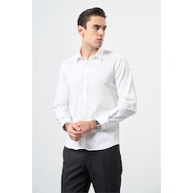 İmza Beyaz Uzun Kol Düz Bez Ayağı 032 Sert Yaka Classic Slim Fit Gömlek 1004245324 Beyaz