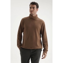 Erkek Balıkçı Yaka Fitilli Kazak Kahverengi Kahverengi