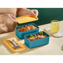 Rotanev Yeşil Mega Boy 2katlı Yemek Saklama Kabı 2 Litre Beslenme Kendinden Çatal Kaşık Servisli Lunch Box Set
