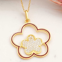 925 Ayar Gümüş Gold Çiçek Desenli Kadın Kolye Gri