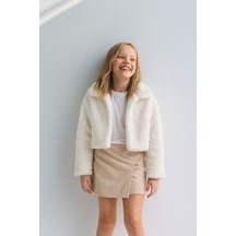 Esila Kids Kız Çocuk Bolero Peluş Ceket İnci Kapamalı Uzun Kollu Çocuk Ceket Beyaz