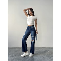 Blue Marlin Kadın Lazer Yırtık İşlemli Boyfriend Kot Bol Paça Pantolon Lacivert
