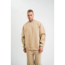 Erkek Uzun Kol Bisiklet Yaka 3 İplik Pamuklu Kışlık Sweatshirt - Bej