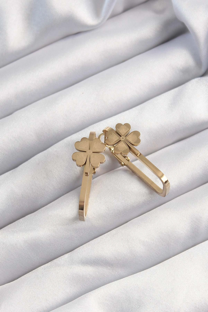 316l Çelik Gold Renk Geometrik Yonca Model Küpe Standart