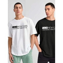 2'li Siyah Beyaz - Unisex Oversize Yaka New Cars Baskılı Örme T-shirt Siyah