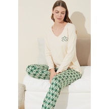 Siyah İnci Pamuklu Örme Pijama Takım 24240123 Krem