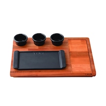 Lava Döküm Dikdörtgen Servis Tabağı Ve Ahşap Altlığı. Siyah Renk. Ölçü 13x25cm. Bu Ürüne Sos Kapları Dahil Değildir