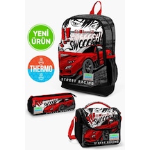 Coral High Kids Siyah Kırmızı Anime Araba Desenli 3'lü Okul Çanta Seti Goset0123747