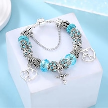 Yeni Tarz , Crystal Mavi Kalp Charmlı Aşk , Sevgi Charmlı Bileklik, Ahşap Kutu İçerisinde Gümüş Gümüş