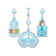 1 Yaş Temalı Asmalı İp Süs Mavi Renk 3 lü Set 12x45 cm