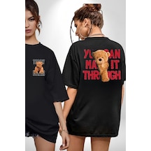 Bunu Alabilirsin Çantadan Çıkan Ayı Siyah Oversize Unisex Ön Ve Sırt Baskılı Tişört Siyah