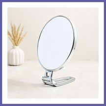 Bezos Oval Çift Taraflı Makyaj Aynası 16.5x13 Cm Katlanır Ayaklı Gümüş Nıda