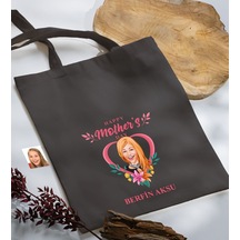 Bk Gift Kişiye Özel Anneler Günü Karikatürlü Antrasit Kumaş Bez Çanta, Baskılı Omuz Çantası, Alışveriş Çantası, Anneye Hediye-5 Antrasit