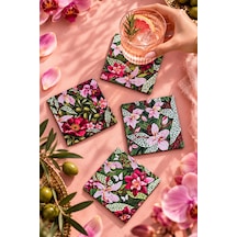 Pembe Orkide, Tropikal Çiçekler Ve Zeytin Dalı Desenli Botanik Floral Temalı 4 Lü Kare Bardak Altlığı Set 9 Cm, 3 Mm Ahşap Mdf, Dijital Baskı - 934211712 Diğer