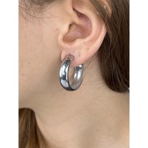 Geniş Yassı Formlu, Halka Model, Paslanmaz Çelik Küpe 353, Gümüş Renk Gümüş