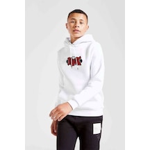 Tshirthane Riot Logo Baskılı Unisex Çocuk Kapüşonlu Beyaz Sweatshirt Beyaz