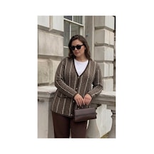 Onno Style Women Kazayağı Desen Renkli Klasik Triko Ceket Kahverengi